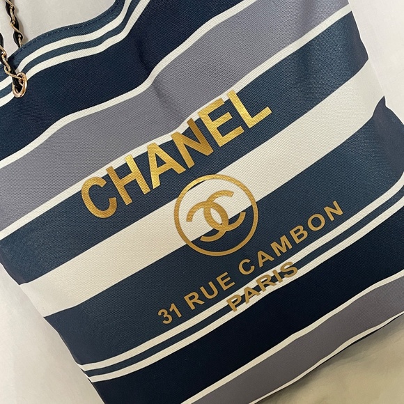 New Chanel Canvas Tote Blue Striped - Picture 1 of 8